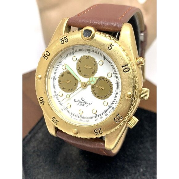 Mathey Tissot Men's Watch Quartz White Dial Gold Steel Triple Date Leather 39mm